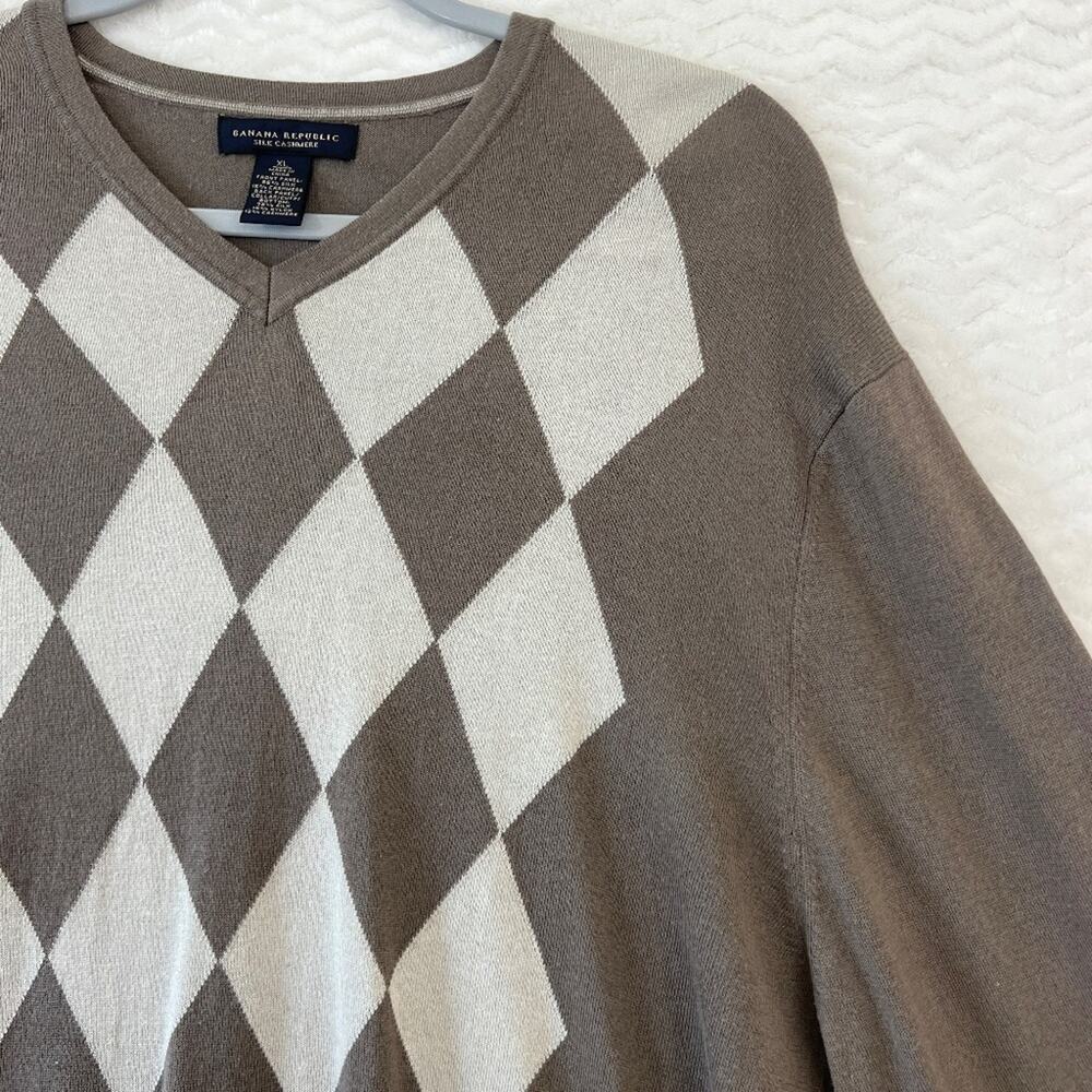 Banana Republic Cashmere Silk Argyle V Neck Pullover Brown Sweater Mens XL - Picture 7 of 14